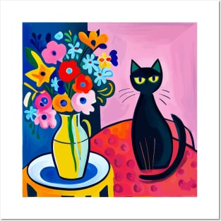 Black Cat in Still Life Painting with Flowers in Vase Posters and Art